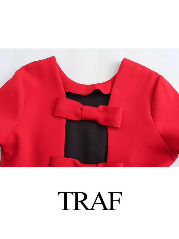 TRAF Summer Woman Causal Solid Jumpsuits Short Sleeves Red O-Neck Fashion Back Hollow Out Bow Female Vintage High Street Rompers