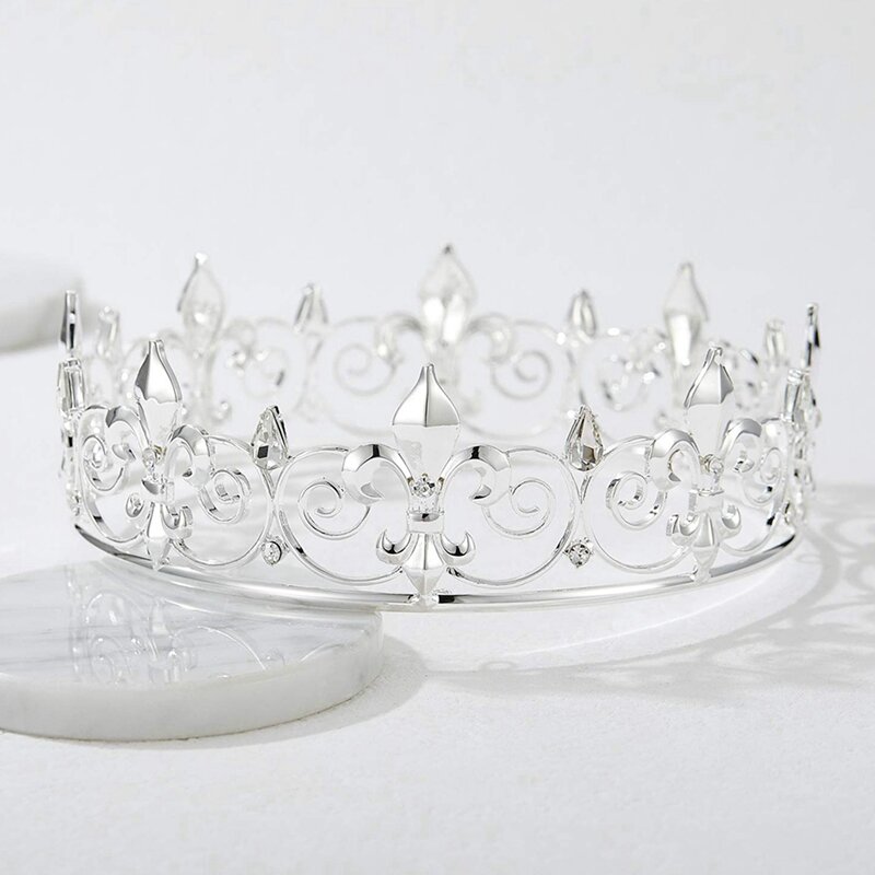 Corona del Rey real para hombres, Tiaras y coronas de Príncipe de Metal, sombreros redondos completos para fiesta de cumpleaños, accesorios medievales (plateados), 2 uds.