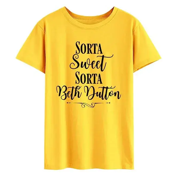 Camiseta feminina com gola redonda, sorta doce sorta, camiseta da Beth Dutton, tops casuais, roupa amarela do programa de TV, dica de moda