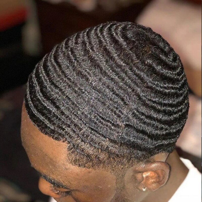 Hitam rambut manusia pria NPU tahan lama pengganti rambut Sistem prostesis 10MM gelombang dalam gaya rambut Afro rambut palsu pria