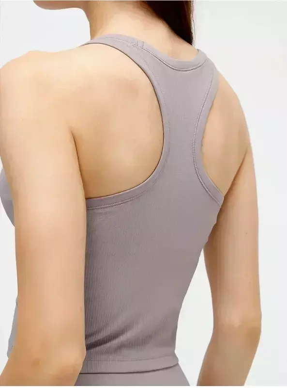 Lemon-Camiseta sin mangas acanalada con espalda cruzada, ropa de gimnasio elástica de cuatro vías, sujetador incorporado, soporte ligero, longitud de la cintura