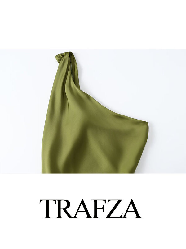 Trafza-女性の非対称ノースリーブドレス,イブニングドレス,ヴィンテージ,裸の背中,プリーツ,サイドジッパー,単色,シック,パーティー,エレガント
