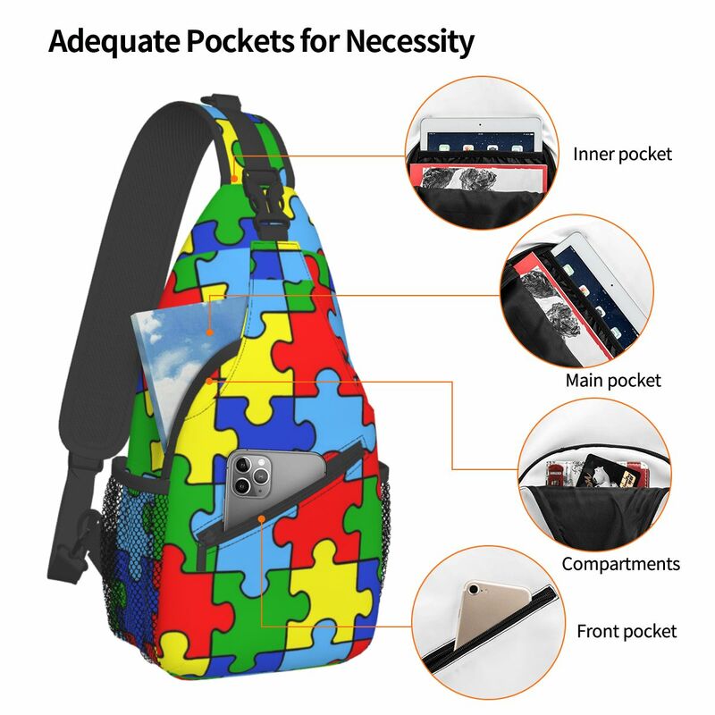 Mochila pequeña con cinta para el autismo, bolso de hombro cruzado en el pecho, mochila de senderismo al aire libre, mochila de moda para concientización, piezas de rompecabezas