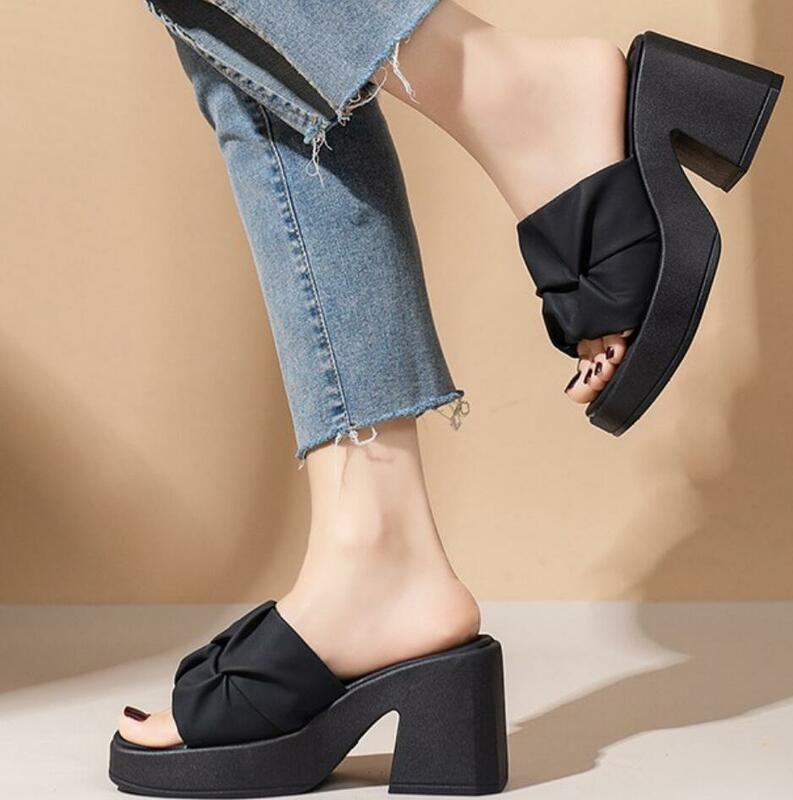 Modne damskie sandały na grubym obcasie buty 8.5cm masywna platforma pantofel z odkrytymi palcami letnie seksowne wakacje szpilki plażowe Sandlias