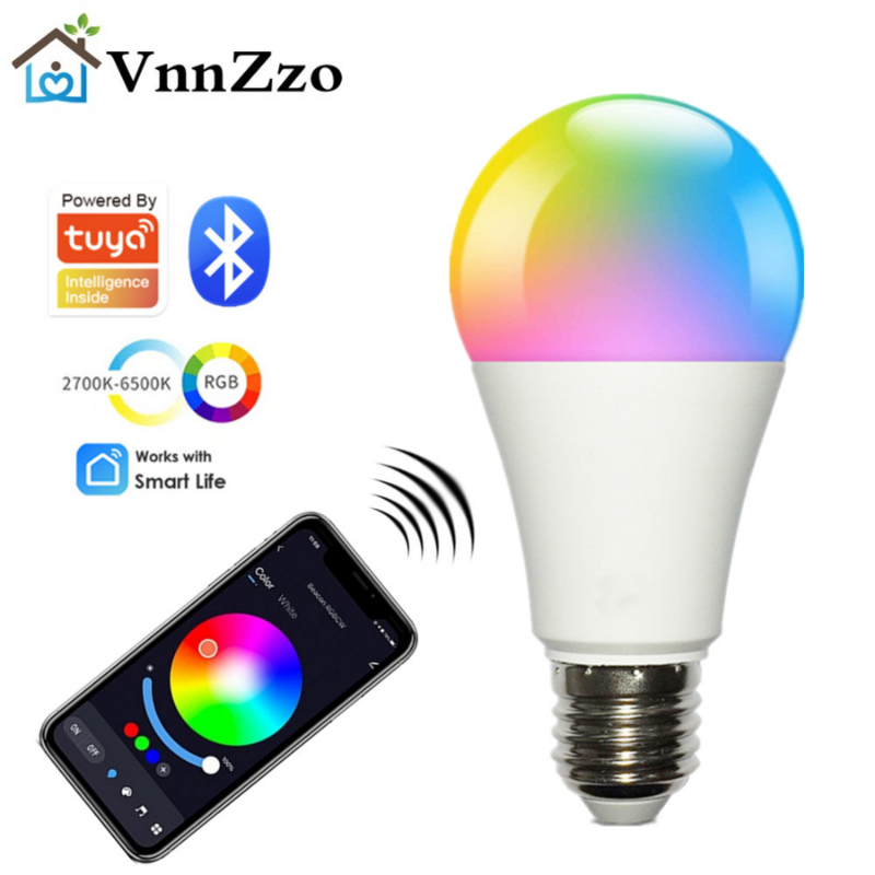 Vnnzzo rgb bluetooth inteligente bulbo tuya app controle regulável 15w e27 rgb + cw + ww led mudança de cor lâmpada compatível ios/android