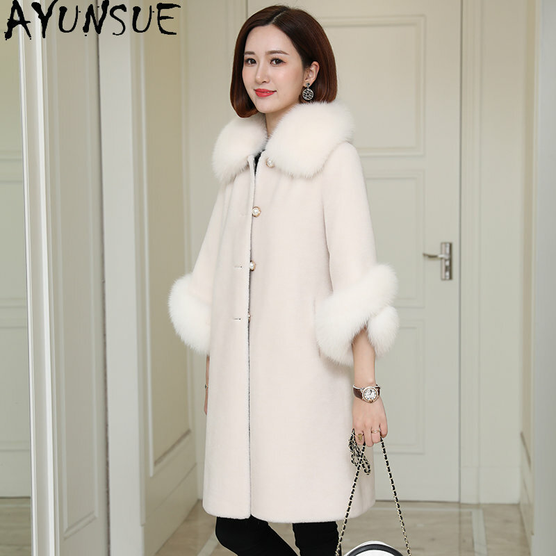 AYUNSUE-여우털 칼라 양털 깎기 자켓 및 코트 여성용, 우아한, 양모, 모피 코트, 100%