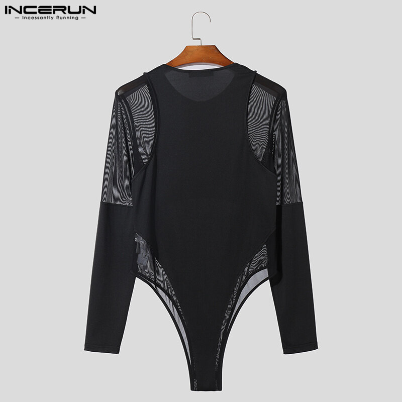 INCERUN 2023 Sexy New Men's Jumpsuits Homewear All-match Mesh Splicing Deconstructed Design Triangle Long Sleeve Rompers S-3XL