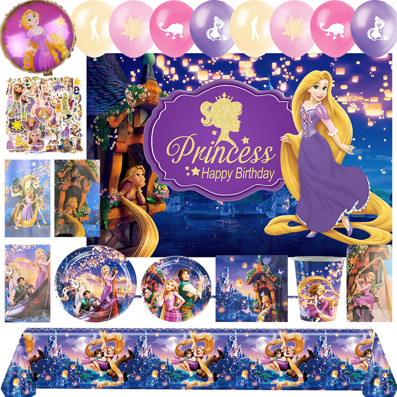 Suministros de decoración de fiesta de cumpleaños con temática de princesa Rapunzel enredada, cubiertos desechables, Fondo de globo, Baby Shower, regalo para niña