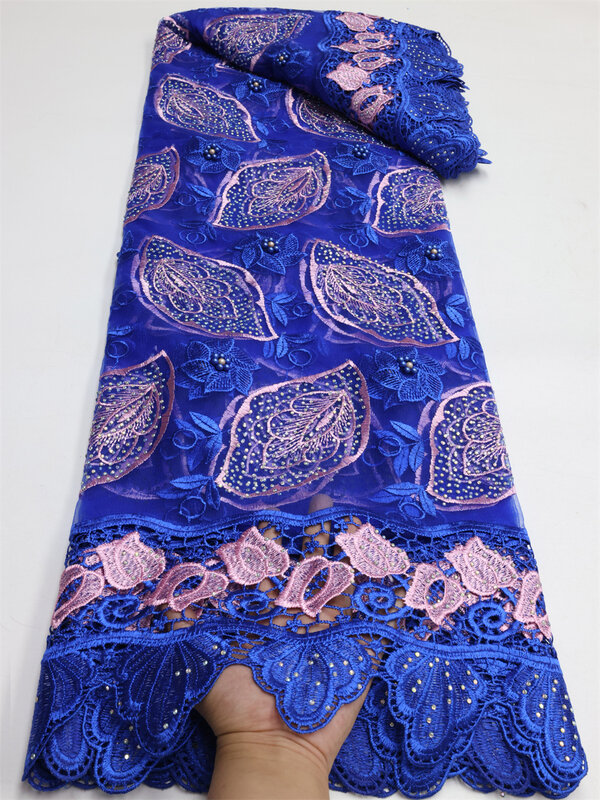 Tela de encaje de tul nigeriano africano de alta calidad con piedras bordadas, cordón de gasa de seda de leche, vestido francés, vestido de fiesta de graduación LY1658