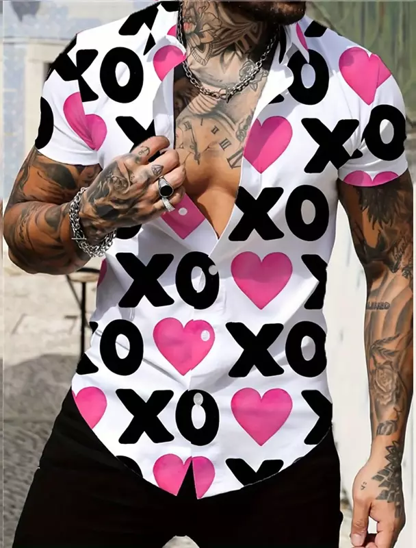 Camisas masculinas engraçadas de manga curta com estampa gráfica, de abanar, camisas de tecido elástico para amantes, Dia dos Namorados, 2024