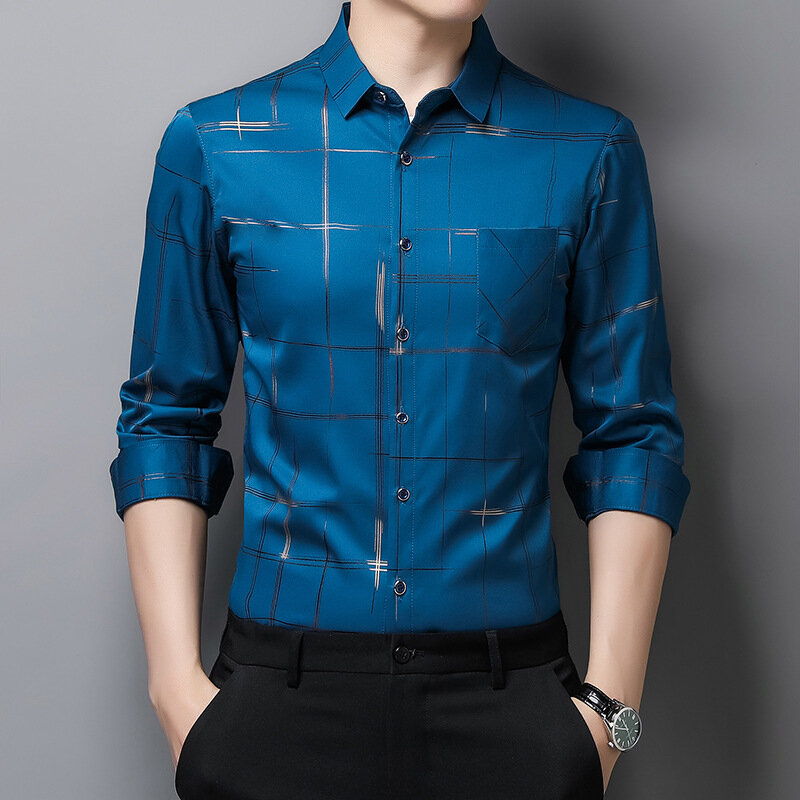 Nuove camicie eleganti da uomo Argyle malecamicia casual da lavoro sottile a maniche lunghe di alta qualità con colletto rovesciato a righe monostrato