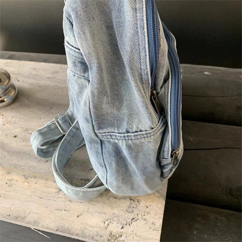 JIOMAY 2023 oryginalny nowy koreańskie wydanie plecak jasnoniebieskie dżinsy mały plecak z diamentowym sercem rekreacyjnym Retro College Fashion