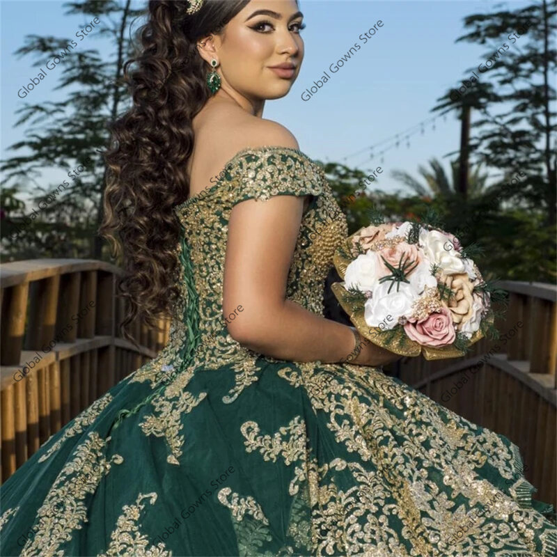 Mexico Green Off The Shoulder Ball Gown Quinceanera Dresses For Girls Sparkly Beaded Party Gowns Appliques Tiered Sweet 16