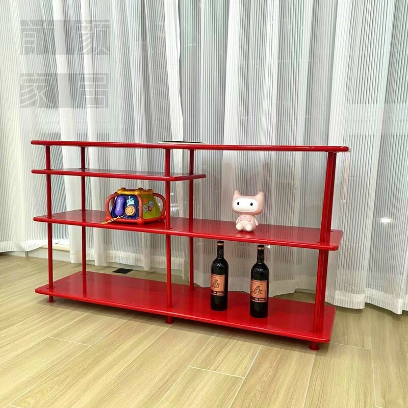 Floor-to-ceiling shelves Living room storage shelves are displayed in red style