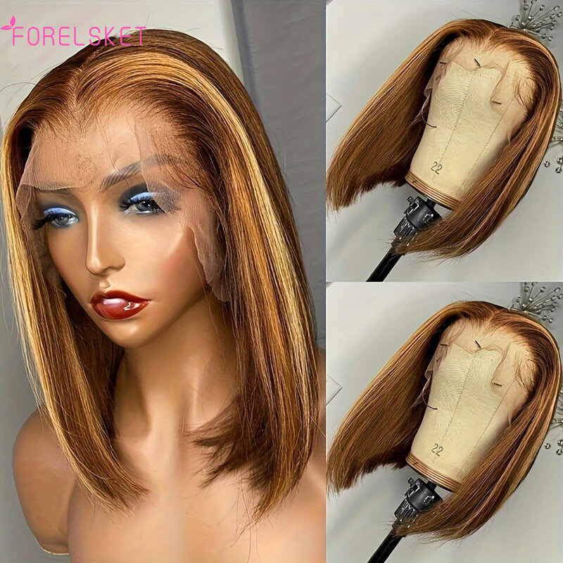 Wig Bob Highlight Wig rambut manusia berwarna Wig depan renda lurus Brasil untuk wanita Wig penutupan renda Pirang madu P4/27 Bob