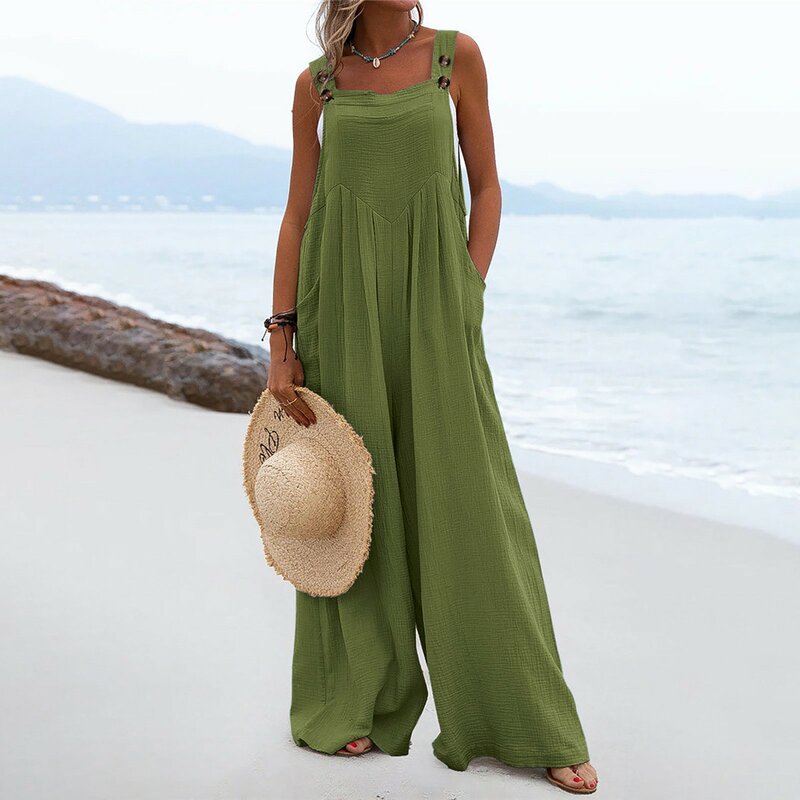 2024 Spring And Summer New Ethnic Style Fashion Solid Color Wide Leg Jumpsuit Plus Size Loose Casual Button Suspender Pants