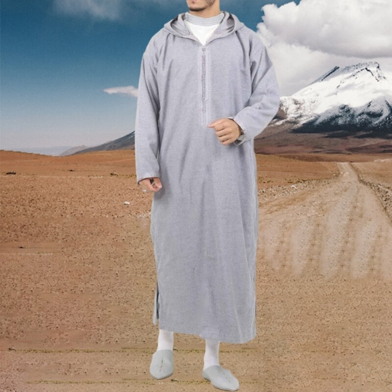 95AB Мужской мусульманский кафтан Исламский арабский халат Лоскутное винтажное кафтан Ближнего Востока с капюшоном Свободный с