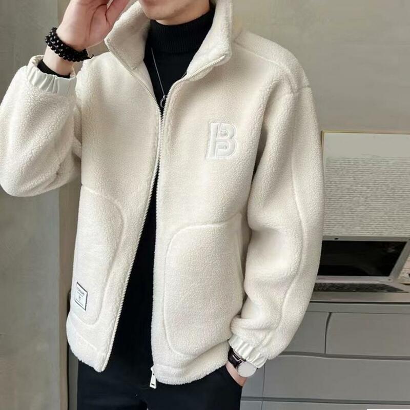 Men Jacket with Side Zipper Pockets Cozy Velvet-lined Men's Jacket Thickened Streetwear Style with Side Pocket Full for Autumn