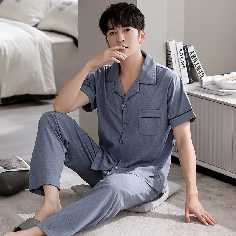 Summer Men's Thin Pure Cotton Pajamas Lapel Short Sleeve Cardigan Pants Home Clothing Set Loose Fitting Casual Sleepwear