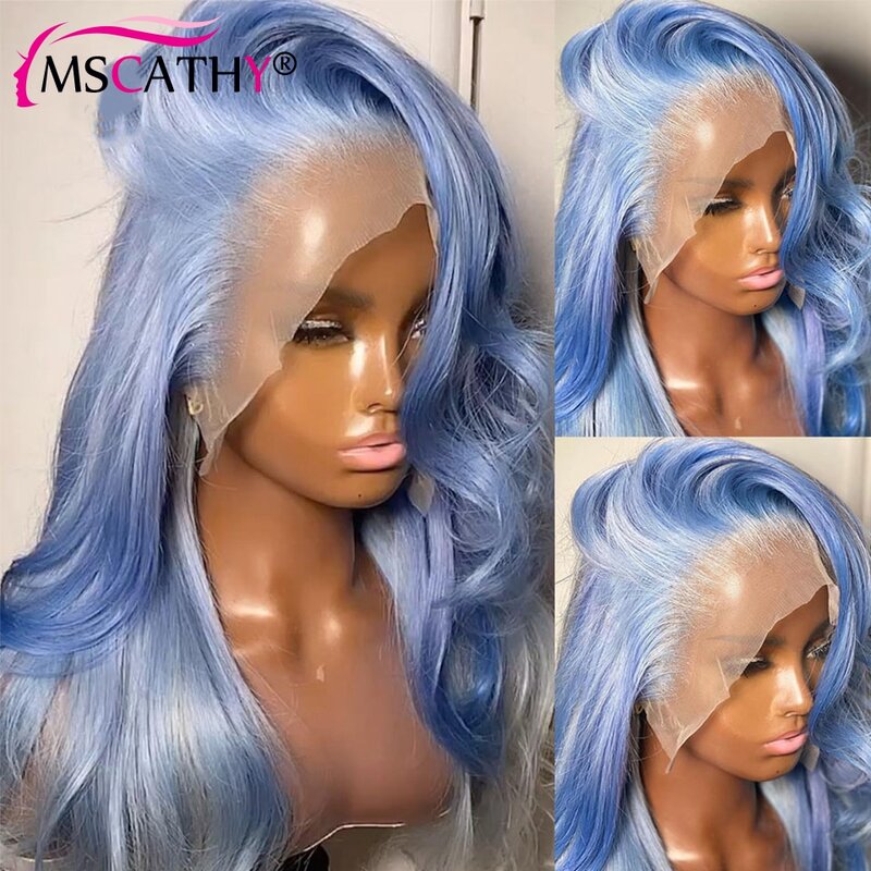 Peruca transparente do corpo dianteiro do laço para mulheres, azul do lago, perucas virgens brasileiras do cabelo humano com cabelo do bebê, densidade 150%, 13x4