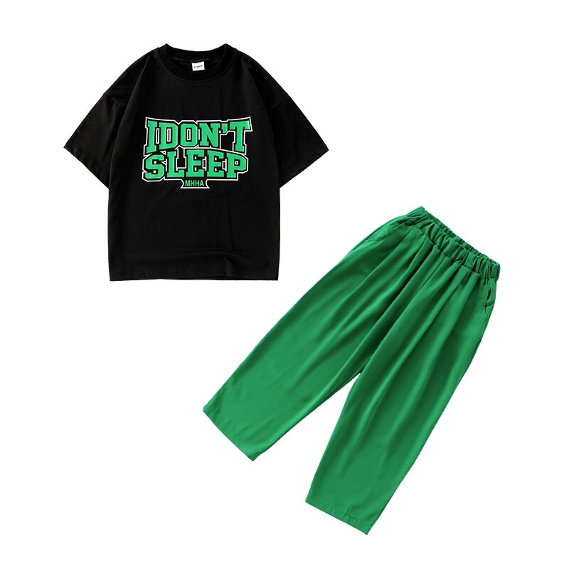 Boys Black Letter Print T-shirt Loose Pants Clothes Sets Kids Street Dance Outfits Children Streetwear Costumes 4 6 8 10 12 14Y