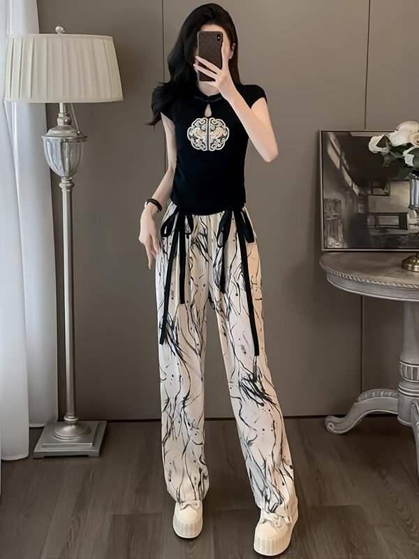 Terno de manga curta estilo chinês feminino, calça de pernas largas justa, roupa feminina, verão, conjuntos de duas peças, 2022