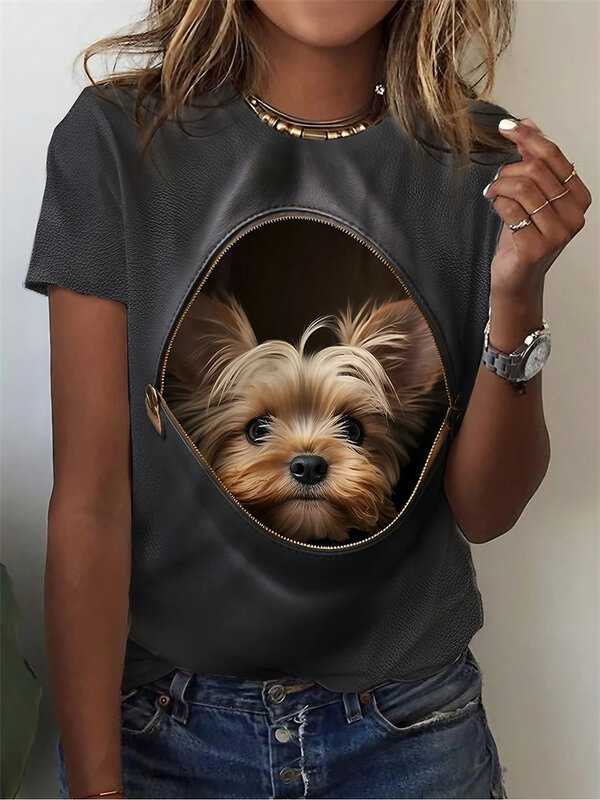 Sommer Frauen T-Shirt Mode gedruckt Kurzarm Frauen lässig schlanken Pullover koreanischen o Hals Hemd 3d kleinen Hund Muster Top
