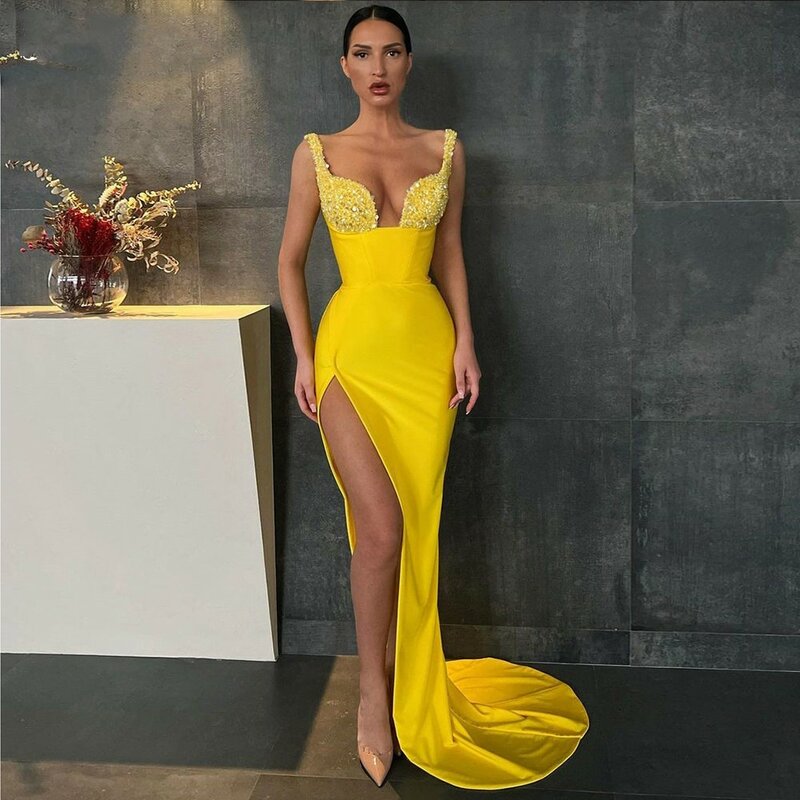 Sexy Yellow Mermaid Prom Dresses Glitter Sequins Spaghett Straps Jersey High Split Slit Formal Evening Party Gowns فستان سهرة