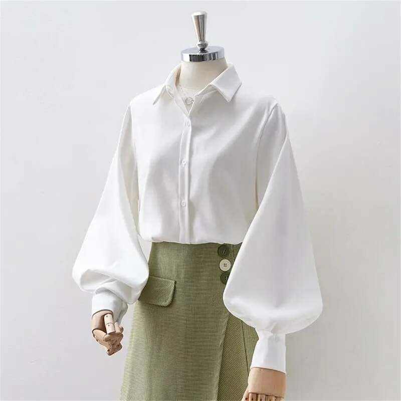 Kemeja wanita putih lengan lentera longgar kerah lipat blus polos sederhana desain Chic gaya Korea Fashion OL blus atasan