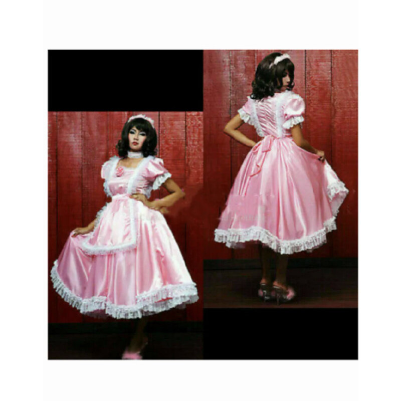 Cosplay pink satin long sippy maid dress