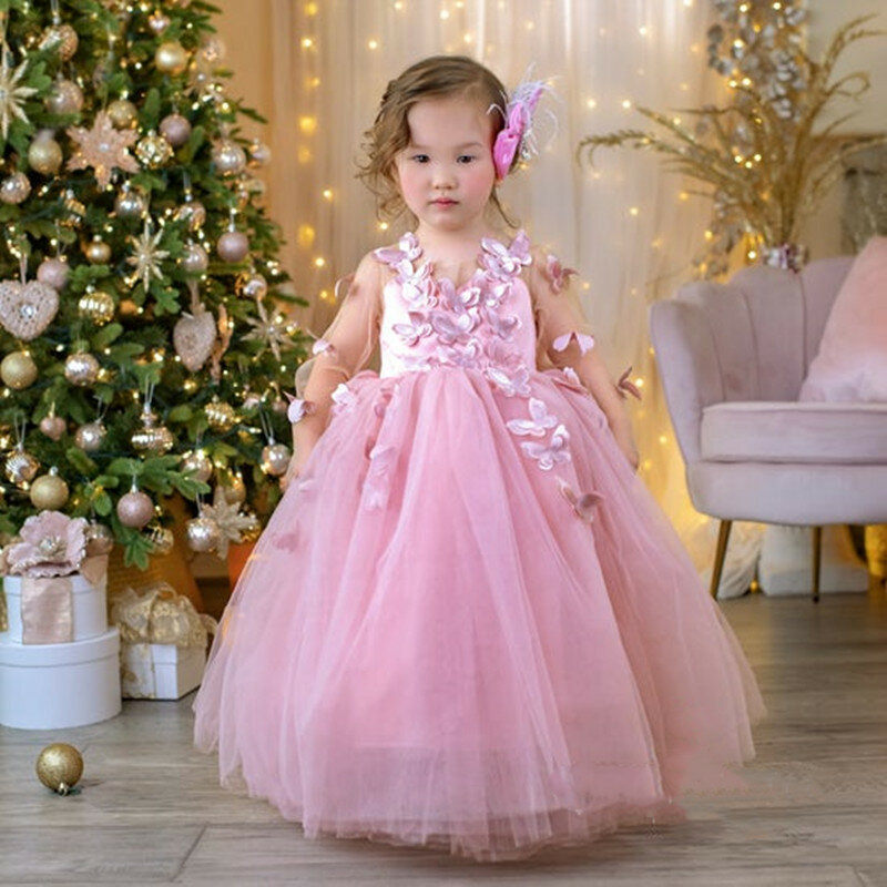 Pink Tulle Fluffy Flower Girl Dress For Wedding 3D Applique Full Sleeve With Bow Child's First Eucharistic Birthday Party Dress