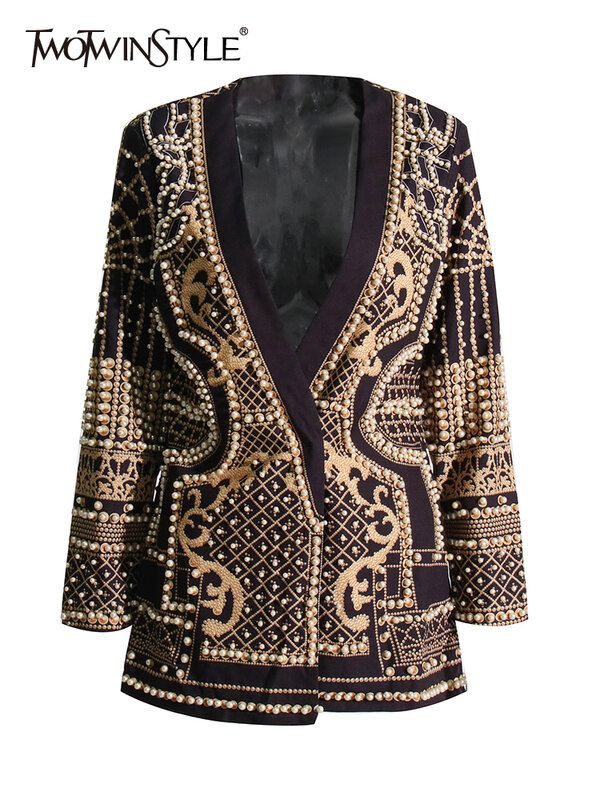 TWOTWINSTYLE-Blazer de calle alta para mujer, chaqueta bordada de manga larga con cuello de pico, color block, estilo de moda
