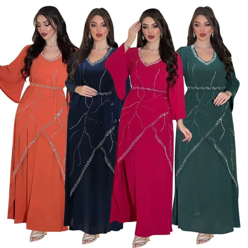 Шифоновое платье с блестящими стразами и принтом, абайя для женщин, мусульманское платье с поясом и V-образным вырезом, кафтан, модное платье, арабское платье