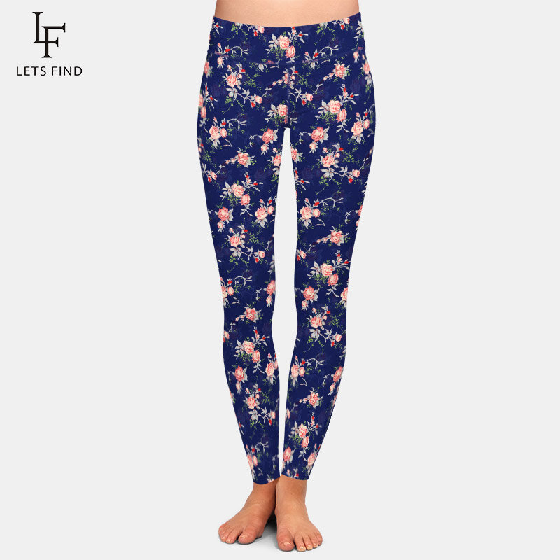 Letsfind 2020 novas belas flores imprimir calças femininas moda cintura alta confortável magro leggings de fitness
