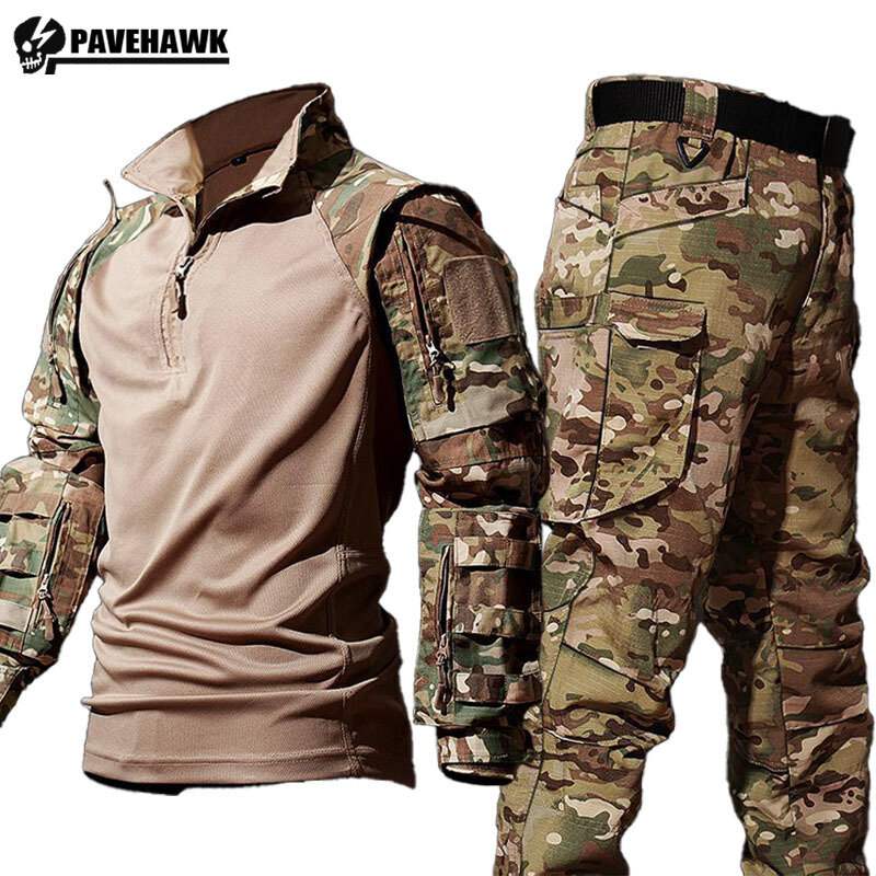 Dulset-Sweat-shirt en maille respirante pour homme, pantalon cargo multi-poches, combinaisons camouflage, entraînement en plein air, saut de degré, ensemble de 2 pièces