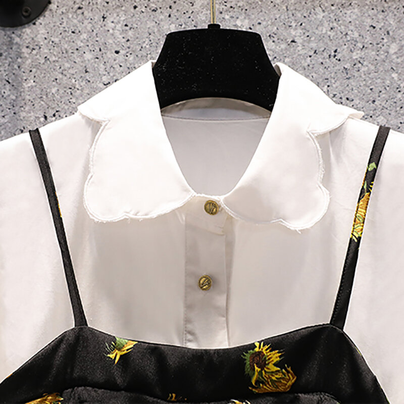 女性用ツーピースシフォンワンピース,白,半袖,ポロシャツの襟,ミディドレス,黒のプリント,夏,2024