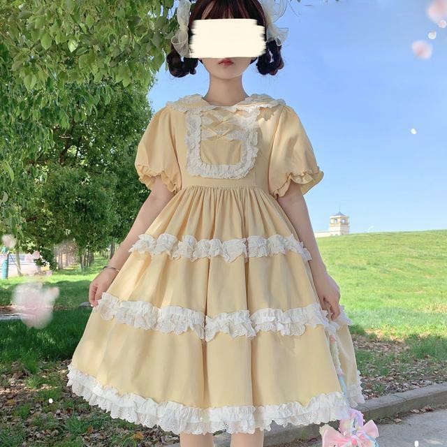 Cute Sweet Lolita OP Dress Soft Girl Kawaii Countryside Style Lace Ruffles Princess Dresses Women Short Sleeve Party Vestidos
