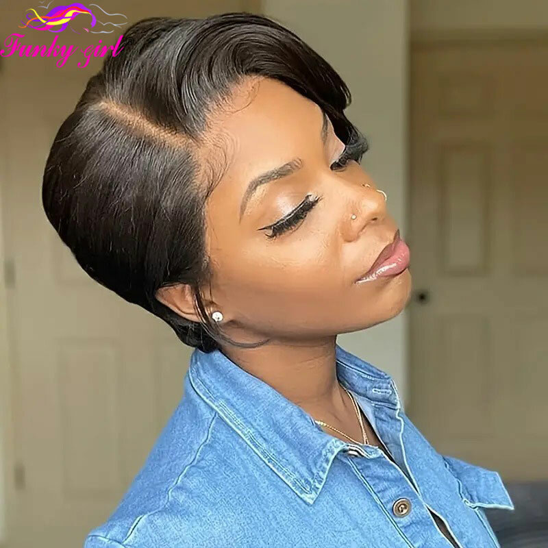 Straight Pixie Cut Wig 13x4 Highlight Human Hair Bob Wigs Brazilian Lace Front Wig Prepluck Transparent Lace Part Colored Wigs
