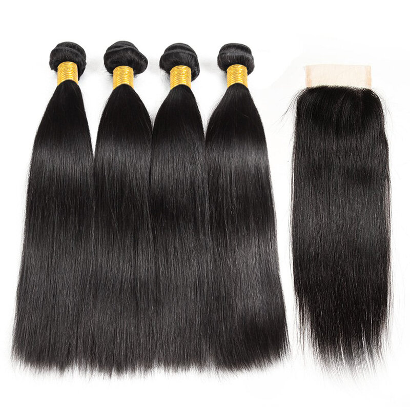 Bundel lurus rambut manusia dengan penutup bundel 3/4 jalinan rambut Brasil dengan ekstensi rambut HD renda 5x5 untuk wanita