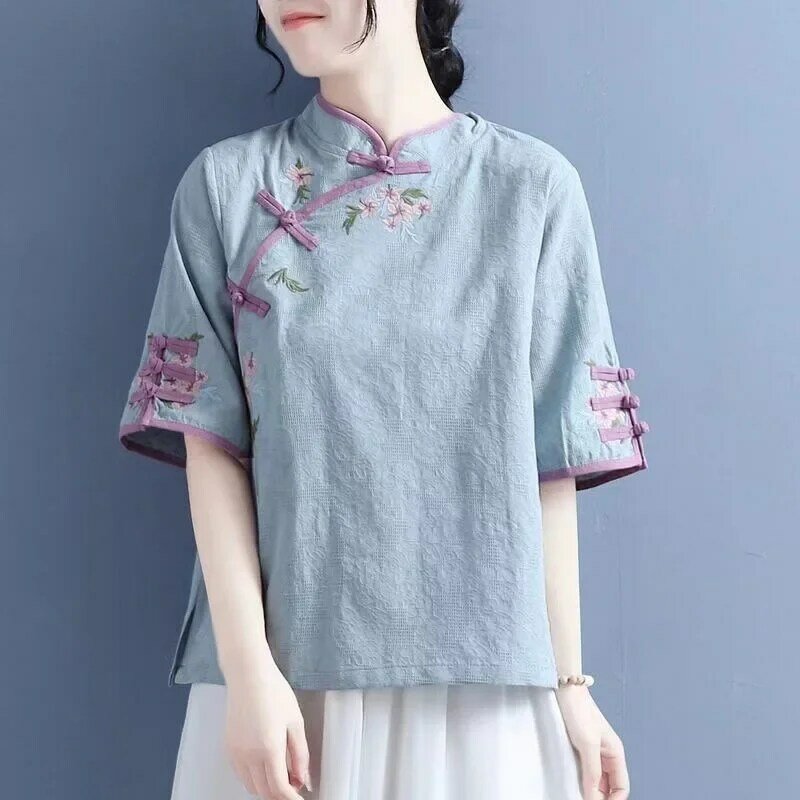 Baju teh Zen bergaya Tiongkok, baju teh Hanfu dan kemeja katun Linen dengan setelan Tang bordir dan perbaikan berkancing