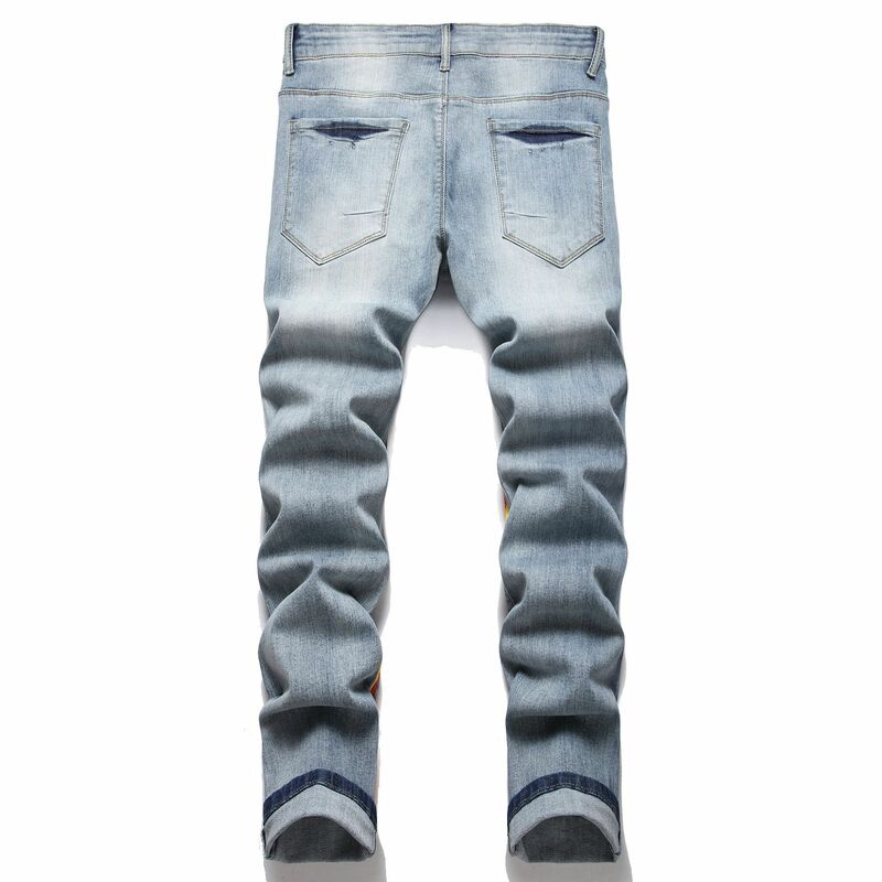 Y2K Streetwear Mens New Fashion Harajuku Vintage Patchwork Plaid Print Jeans Causal Stretch Slim Cargo Denim Pants Odzież Męska