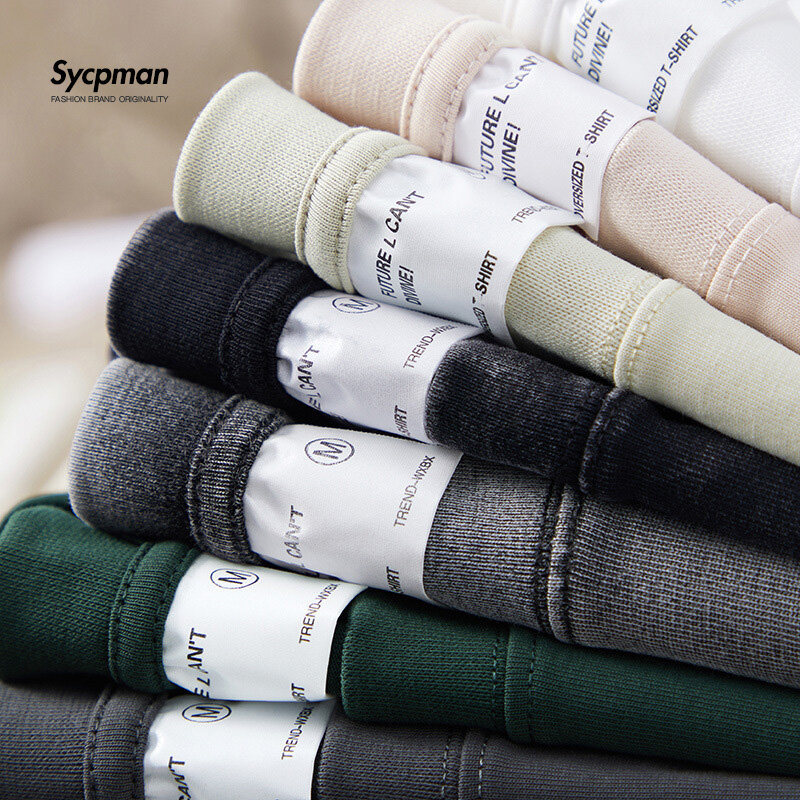 Sycpman เสื้อยืดแขนสั้นสำหรับผู้ชาย, เสื้อยืดหลวมขนาดใหญ่300กรัม10.58ออนซ์ผ้าคอตตอนน้ำหนักมากสำหรับฤดูร้อน