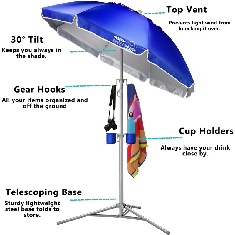 Sombrilla portátil ligera y ajustable, protección solar instantánea UPF 50 +, azul, 5'
