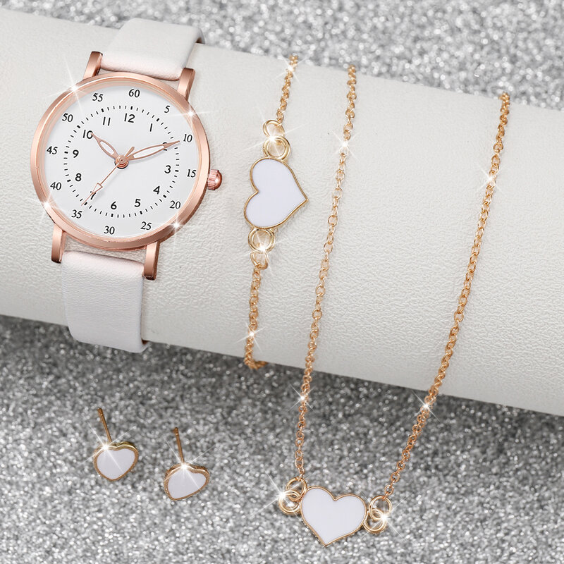5 sztuk/zestaw modny damski skórzany pasek Analoge zegarek i miłość zestaw biżuteria w kształcie serca