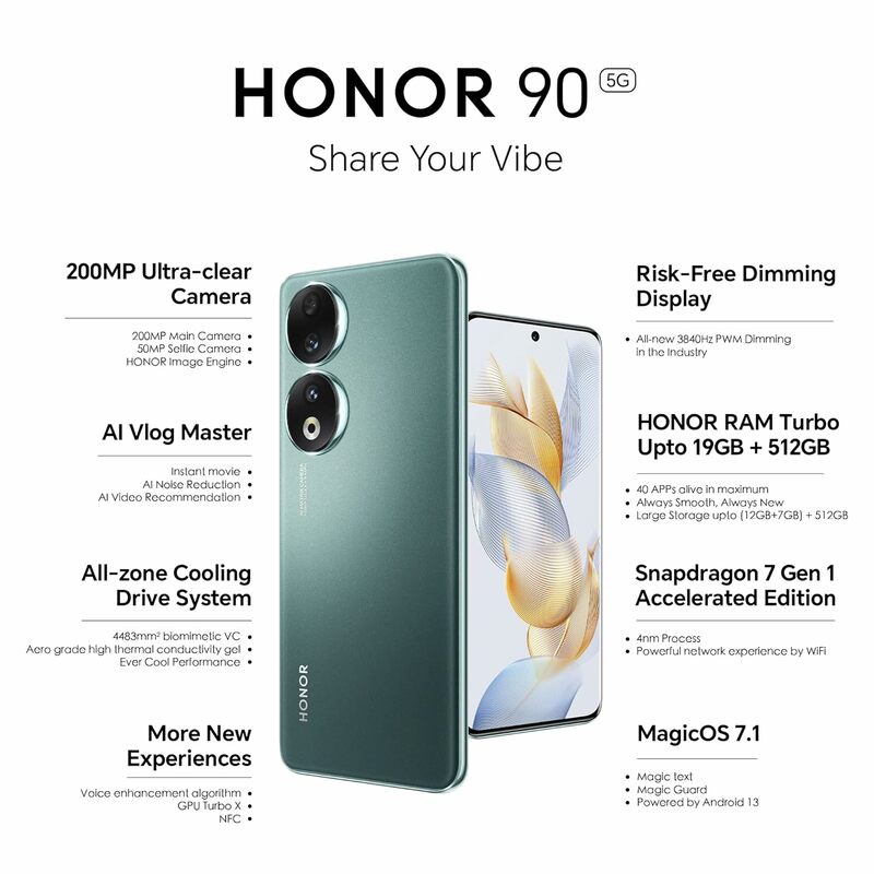 Original HONOR 90 5G 6.7 inch OLED Global Version Snapdragon 7 Gen 1 200MP Ultra-Clear Camera 5000mAh 66W Supercharger 120Hz