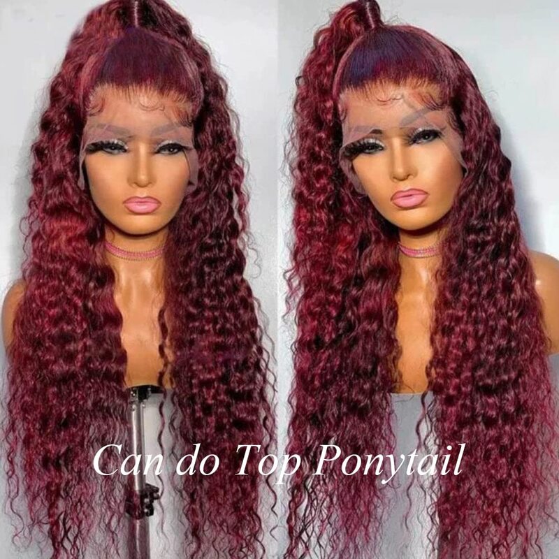 Bordowe czerwone koronkowe peruki z przodu 13x4 z naturalną głęboką falą, przezroczystą koronką i dziecięcymi włosami, wstępnie oskubane ludzkie włosy peruka z lokami Remy