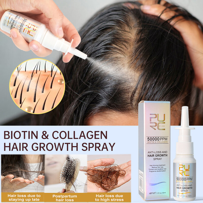 PURC Biotin produk penumbuh rambut pria wanita, semprotan penumbuh rambut cepat menumbuhkan minyak Perawatan Rambut