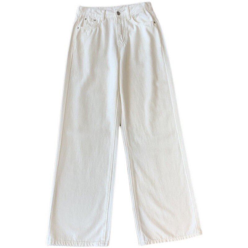 Celana panjang lurus wanita, Jeans putih pelangsing pinggang tinggi serbaguna lembut gaya musim panas musim semi 2024