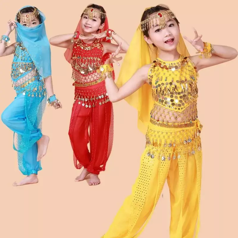 子供のためのシフォンベリーダンス衣装、女の子のためのステージ衣装、ハロウィーンのパフォーマンス、子供布、インド、7個セット