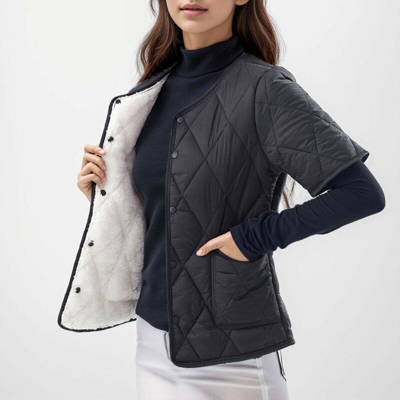 Chaleco de media manga acolchado de algodón para mujer, ropa de abrigo de talla grande, forro de piel, botonadura única, novedad de 2023